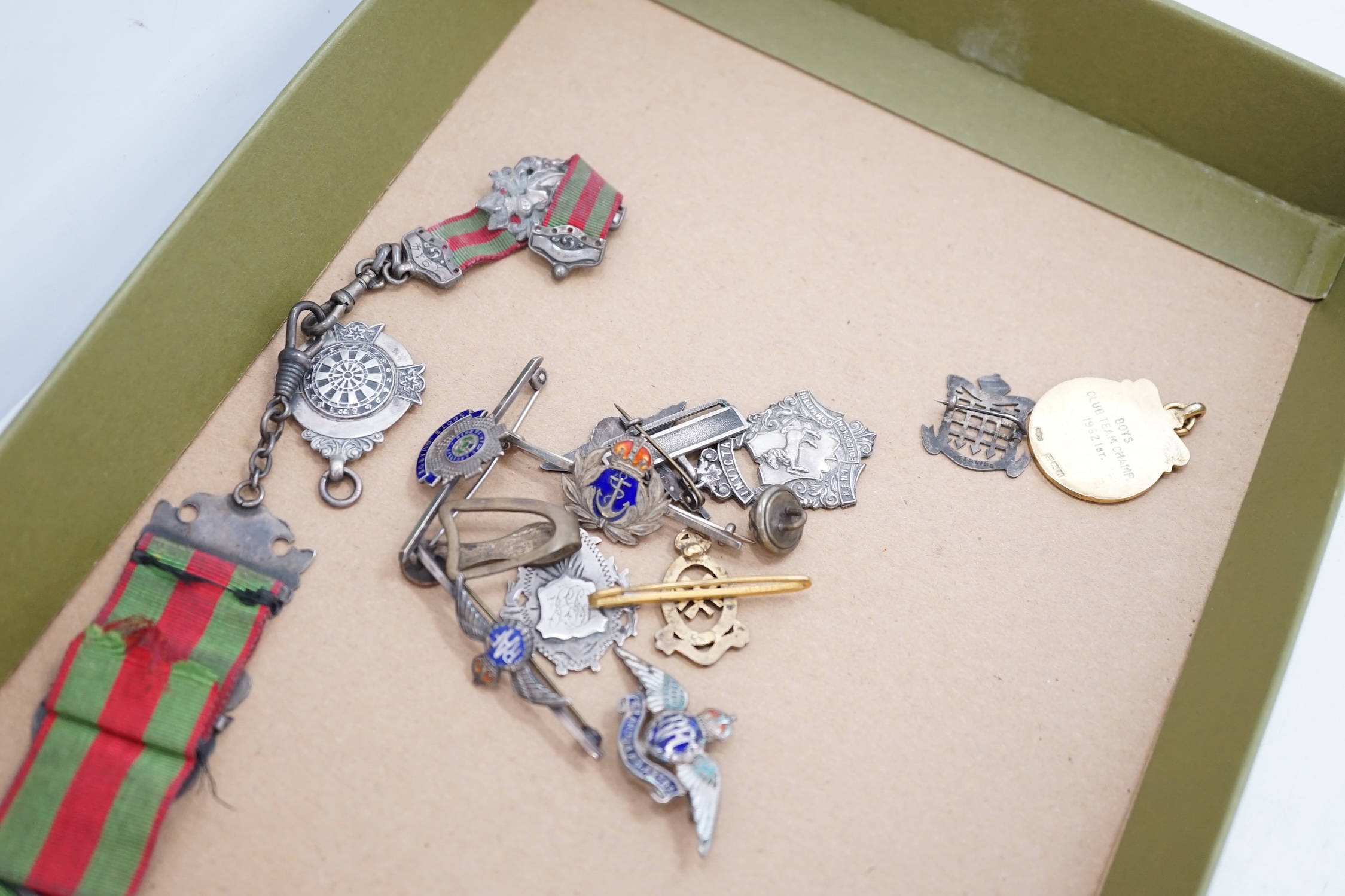 A group of silver and other medals and buttons. Condition - fair